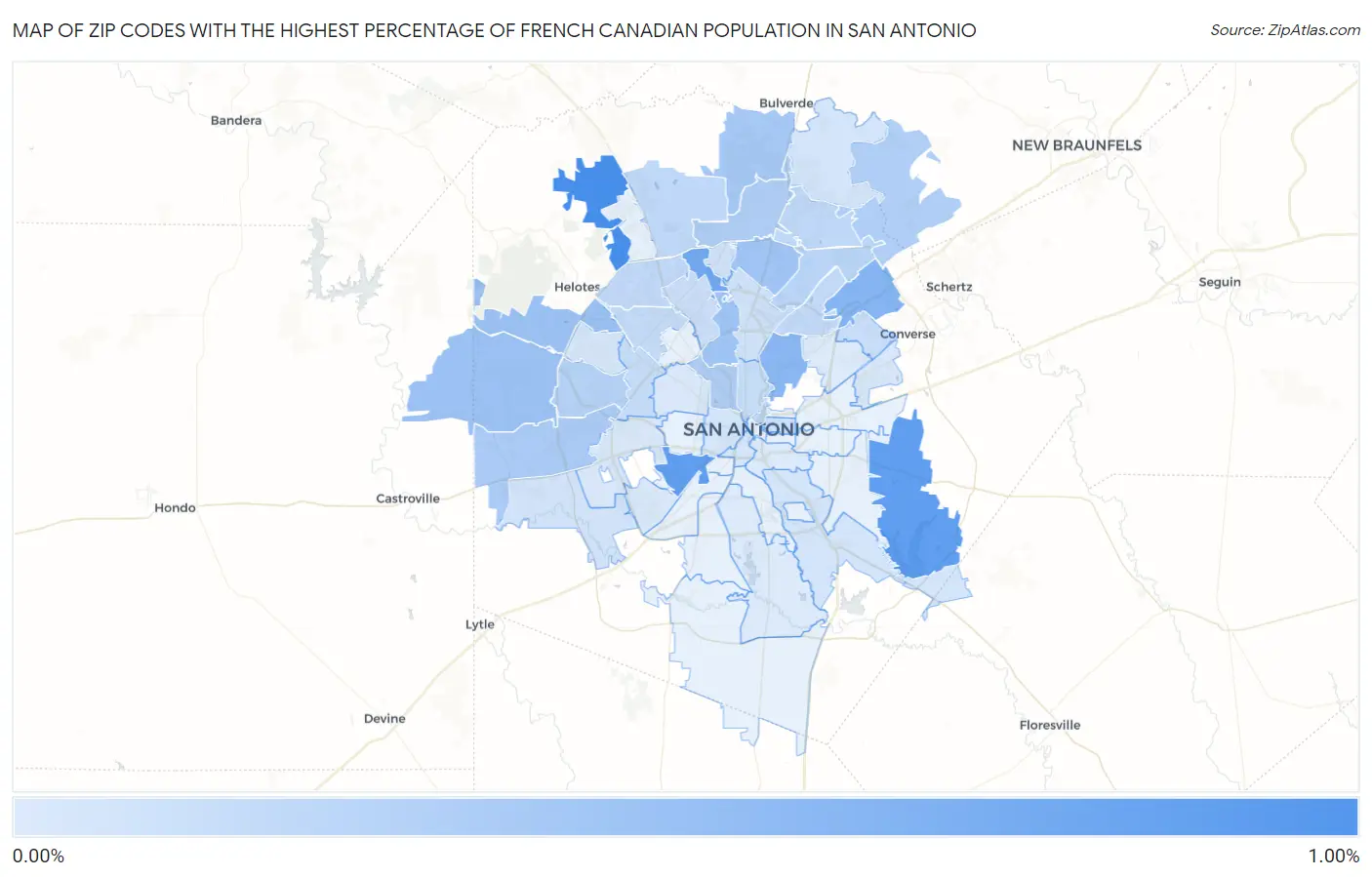 Zip Codes with the Highest Percentage of French Canadian Population in San Antonio Map