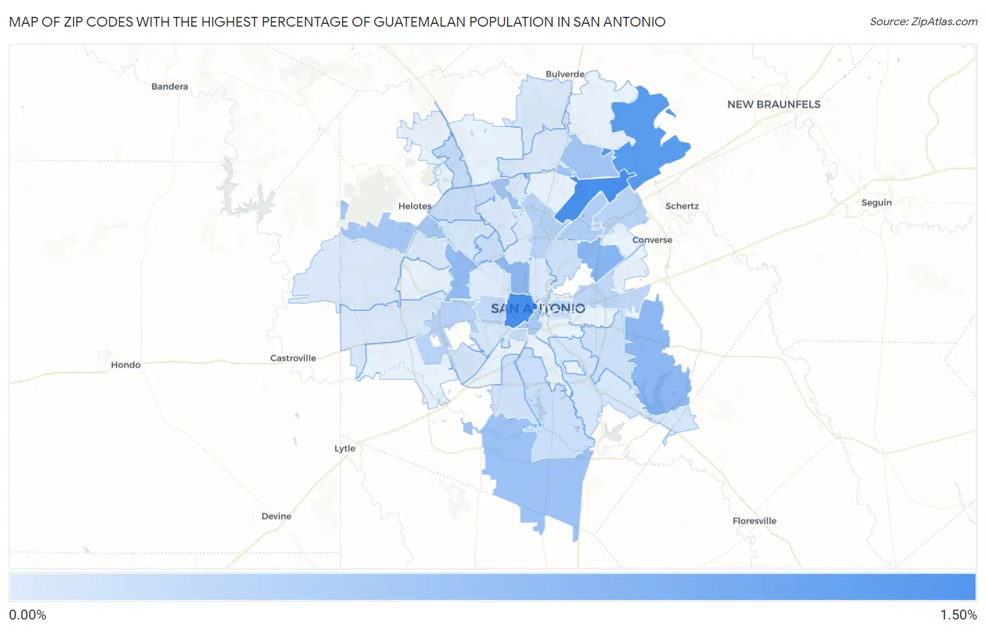 Zip Codes with the Highest Percentage of Guatemalan Population in San Antonio Map