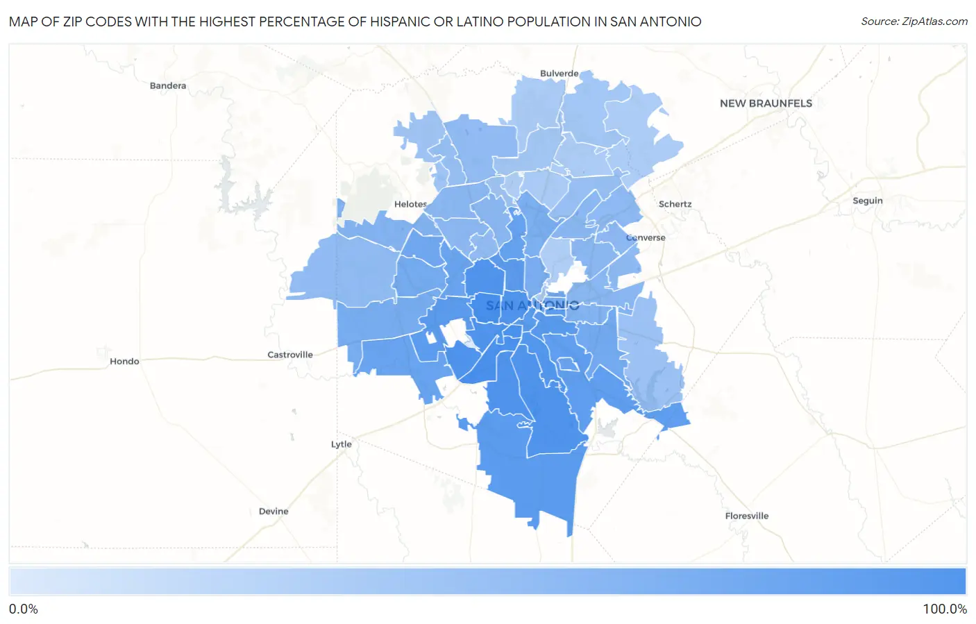 Zip Codes with the Highest Percentage of Hispanic or Latino Population in San Antonio Map