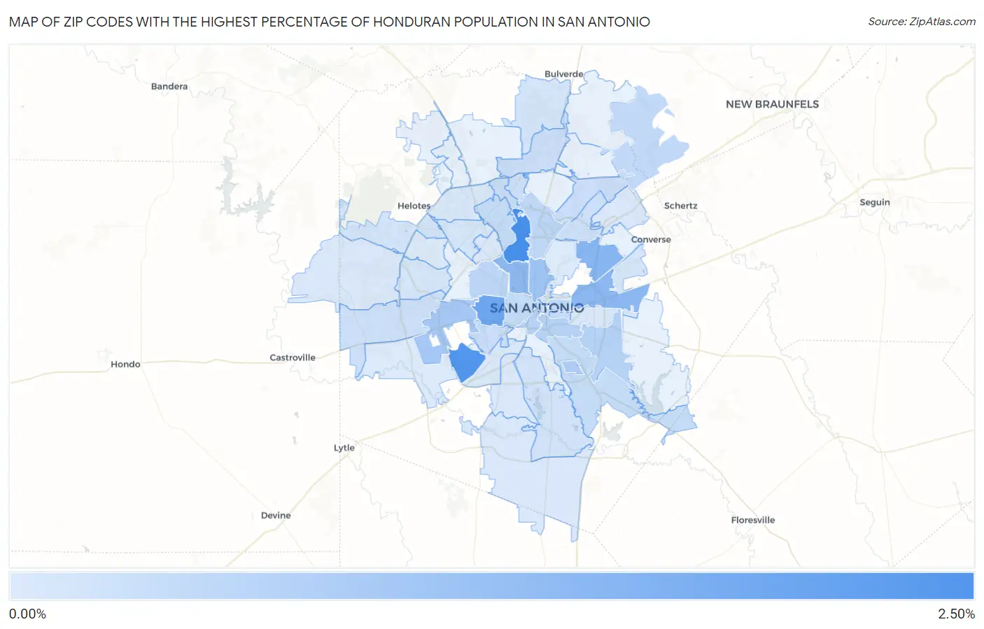 Zip Codes with the Highest Percentage of Honduran Population in San Antonio Map