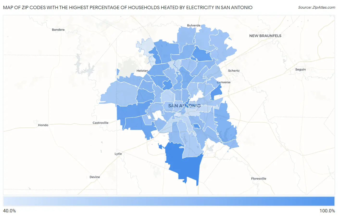 Zip Codes with the Highest Percentage of Households Heated by Electricity in San Antonio Map
