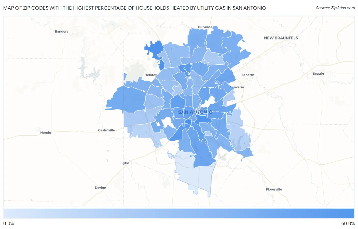 Zip Codes with the Highest Percentage of Households Heated by Utility Gas in San Antonio Map