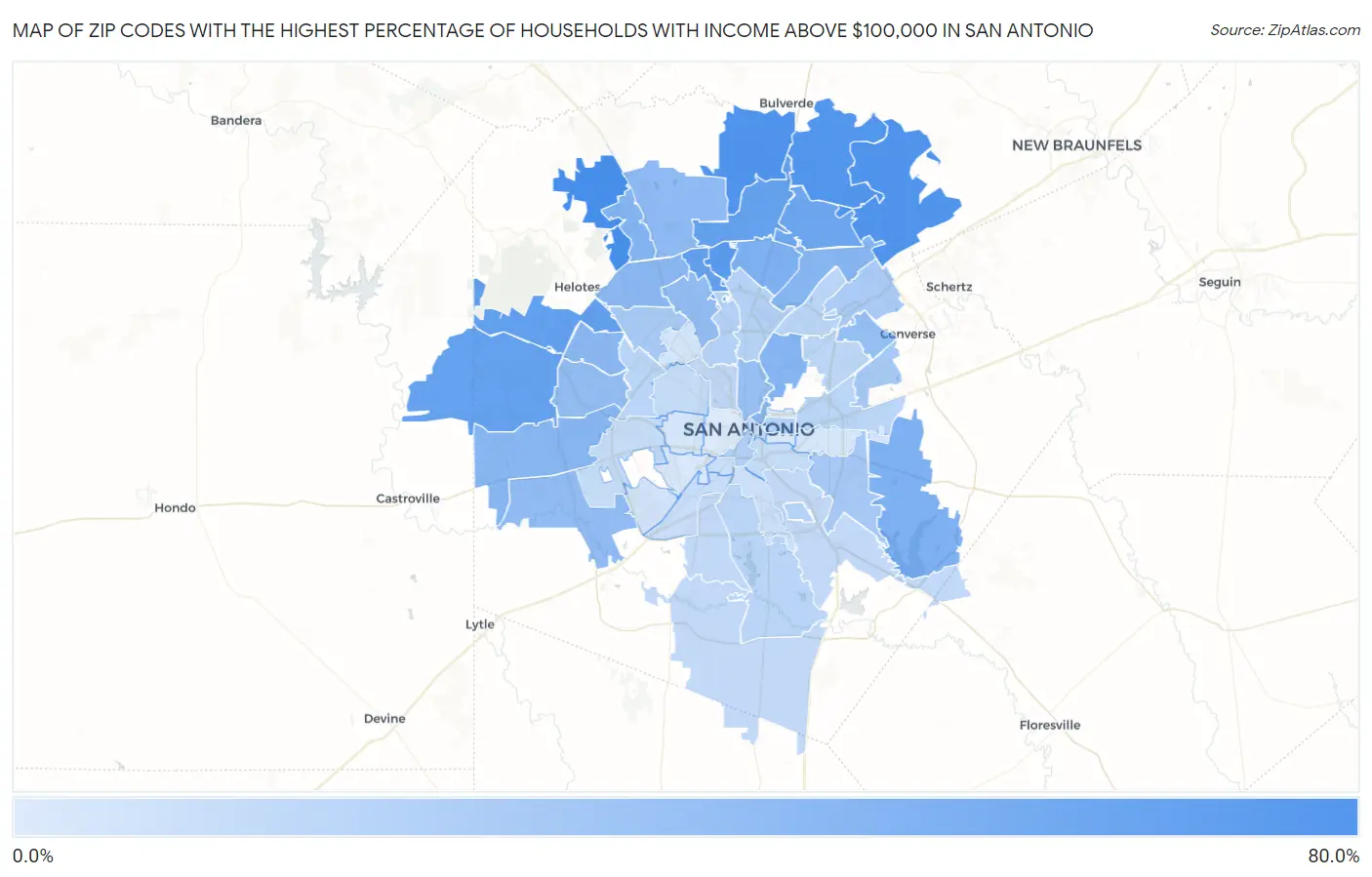 Zip Codes with the Highest Percentage of Households with Income Above $100,000 in San Antonio Map