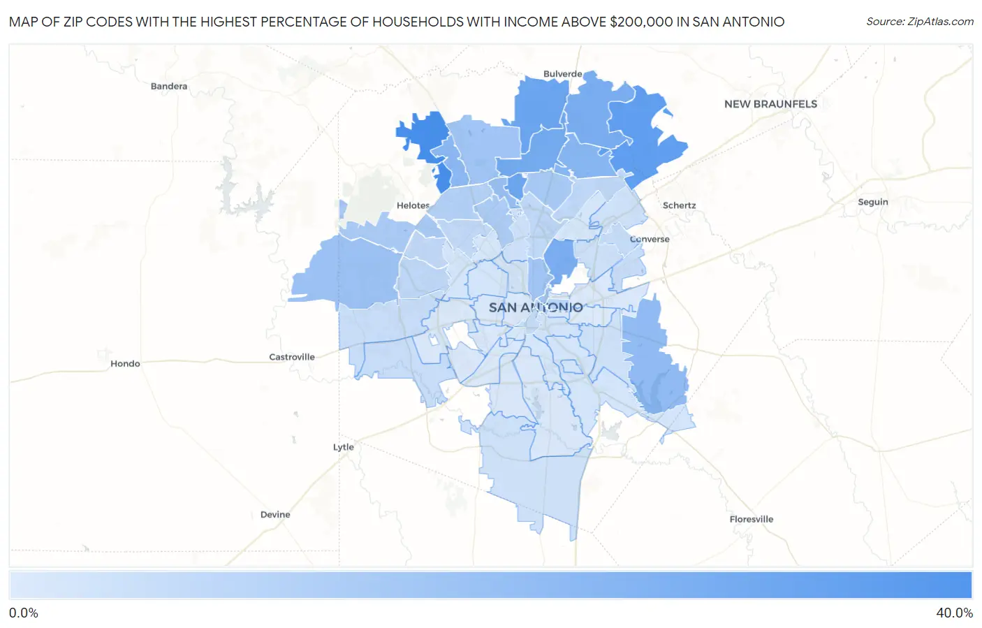 Zip Codes with the Highest Percentage of Households with Income Above $200,000 in San Antonio Map