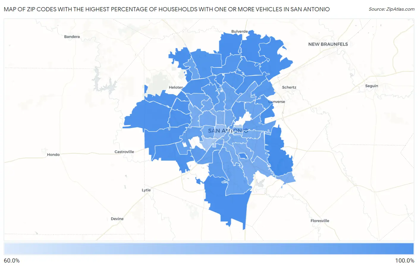 Zip Codes with the Highest Percentage of Households With One or more Vehicles in San Antonio Map