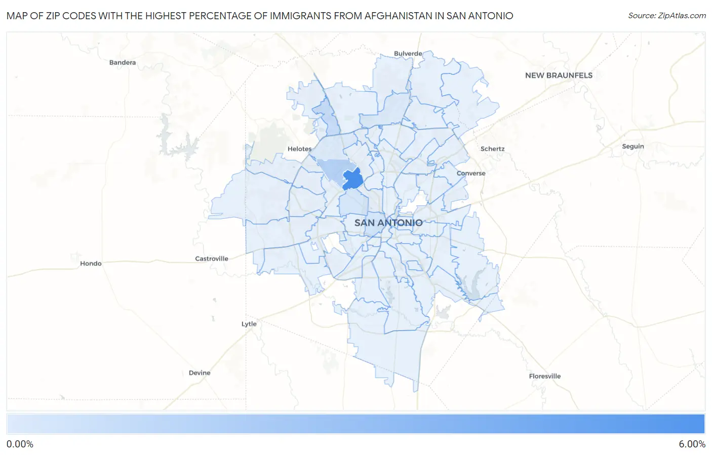 Zip Codes with the Highest Percentage of Immigrants from Afghanistan in San Antonio Map