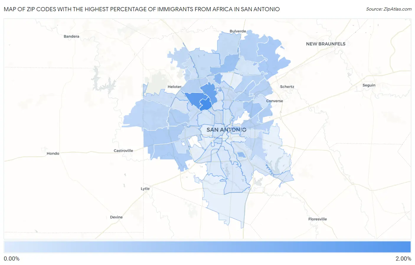 Zip Codes with the Highest Percentage of Immigrants from Africa in San Antonio Map