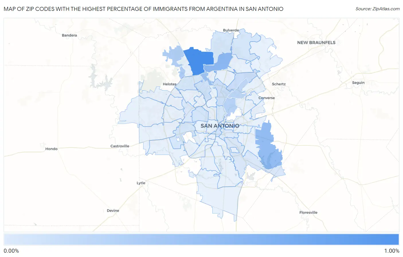 Zip Codes with the Highest Percentage of Immigrants from Argentina in San Antonio Map