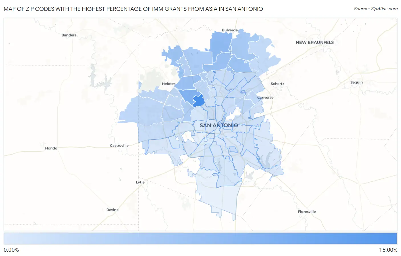 Zip Codes with the Highest Percentage of Immigrants from Asia in San Antonio Map