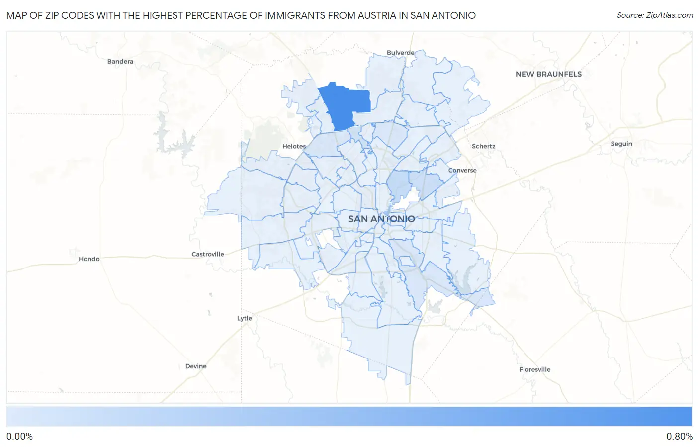 Zip Codes with the Highest Percentage of Immigrants from Austria in San Antonio Map