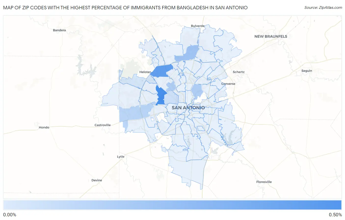 Zip Codes with the Highest Percentage of Immigrants from Bangladesh in San Antonio Map