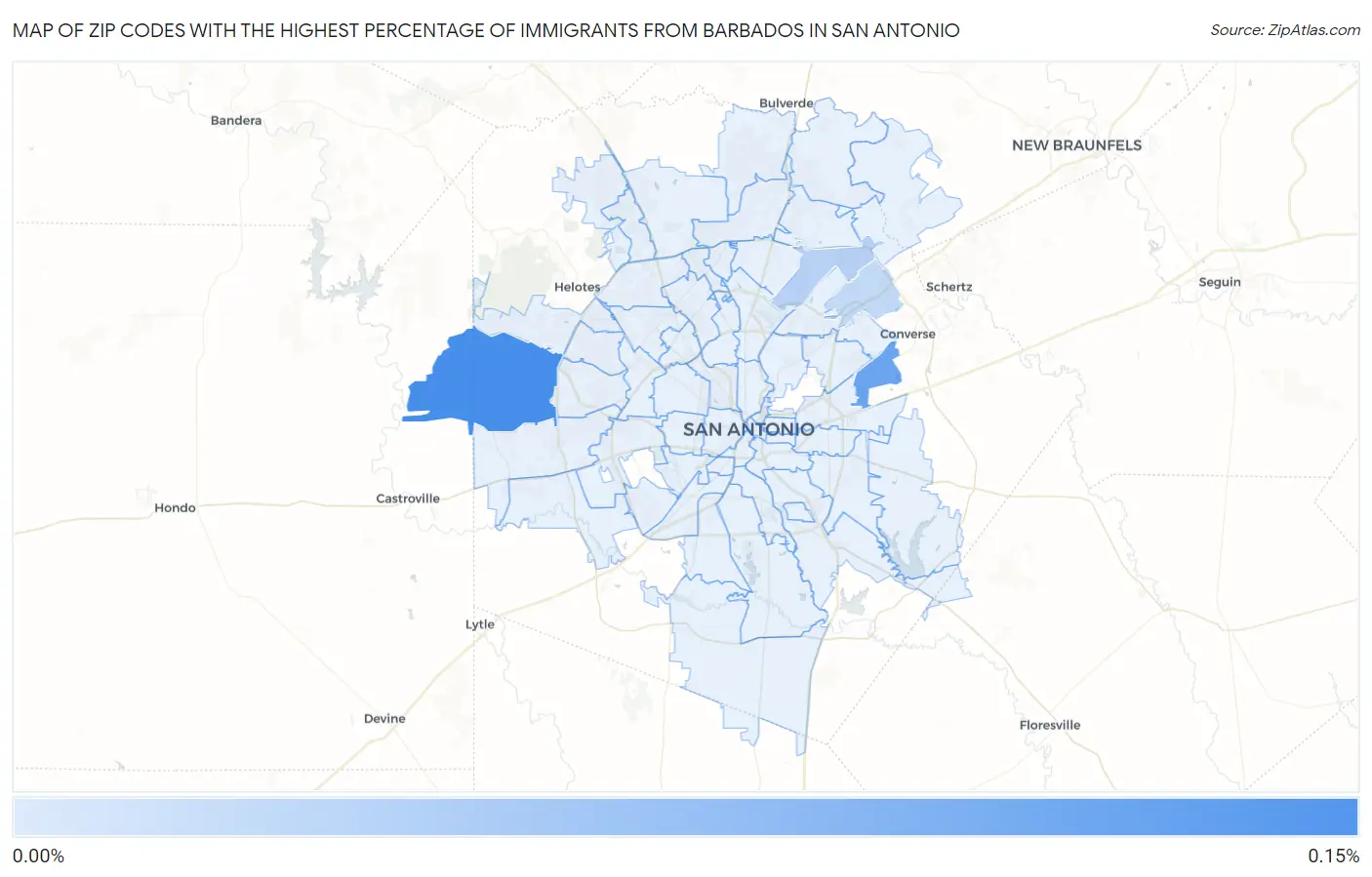 Zip Codes with the Highest Percentage of Immigrants from Barbados in San Antonio Map