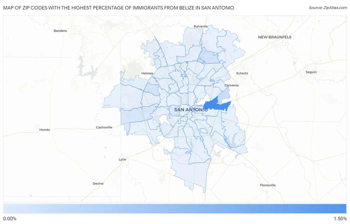Zip Codes with the Highest Percentage of Immigrants from Belize in San Antonio Map