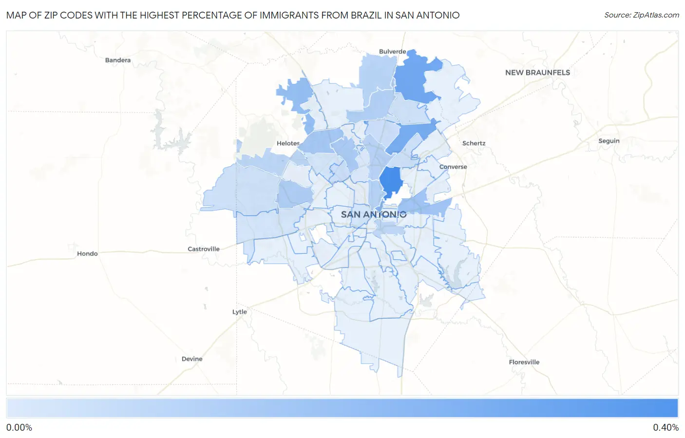 Zip Codes with the Highest Percentage of Immigrants from Brazil in San Antonio Map
