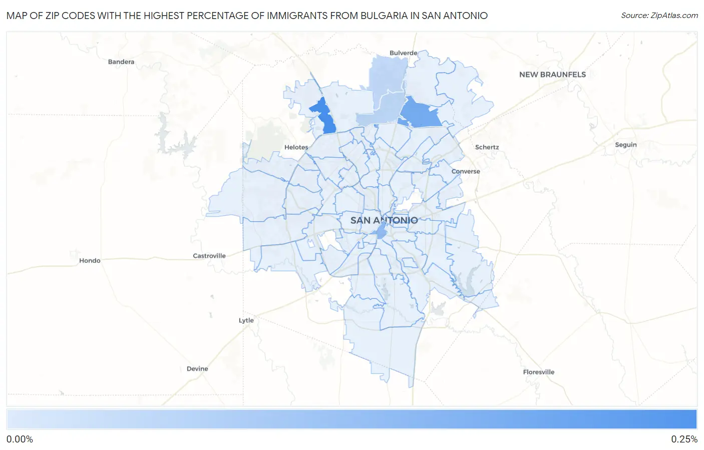 Zip Codes with the Highest Percentage of Immigrants from Bulgaria in San Antonio Map