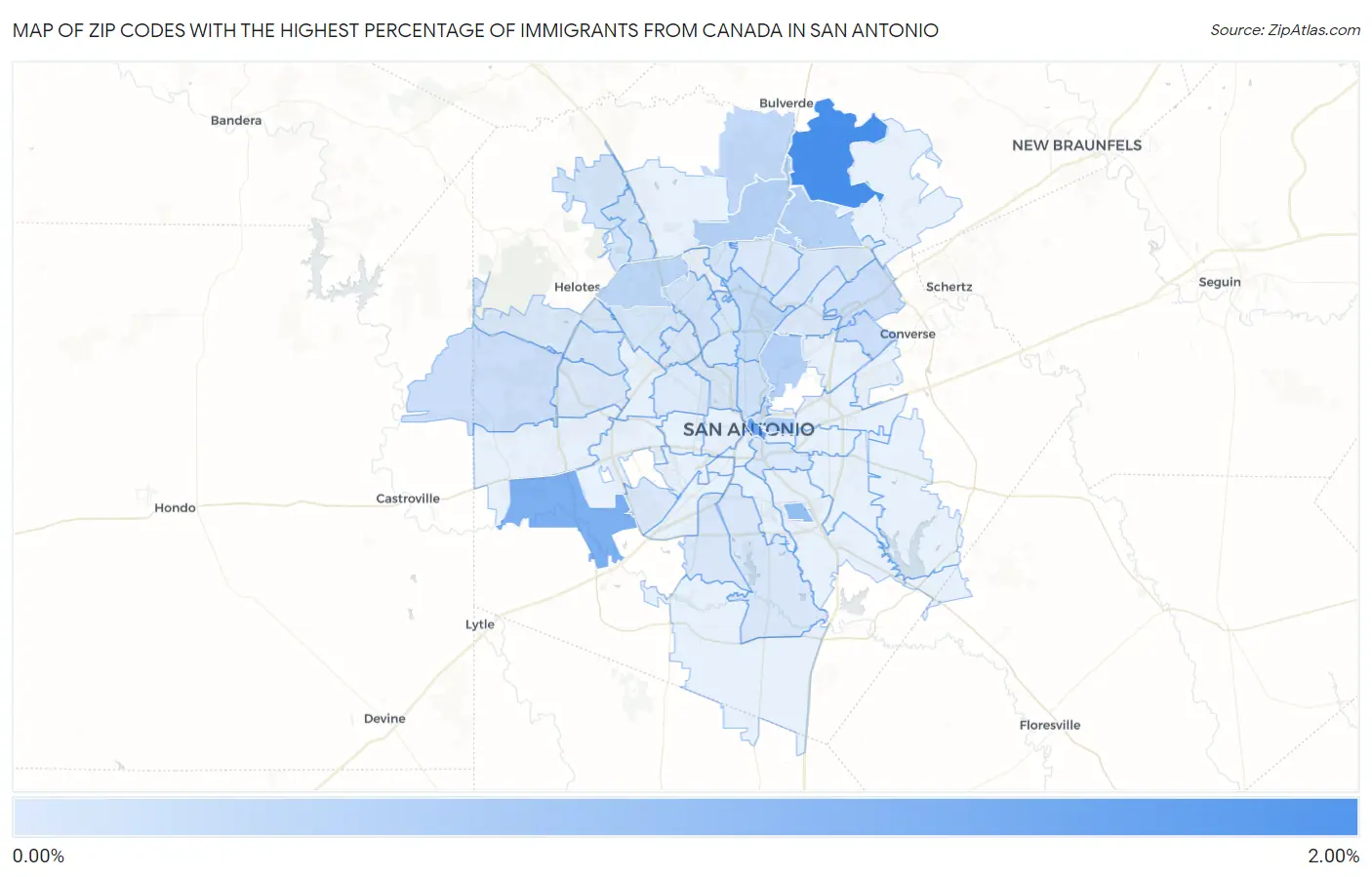 Zip Codes with the Highest Percentage of Immigrants from Canada in San Antonio Map
