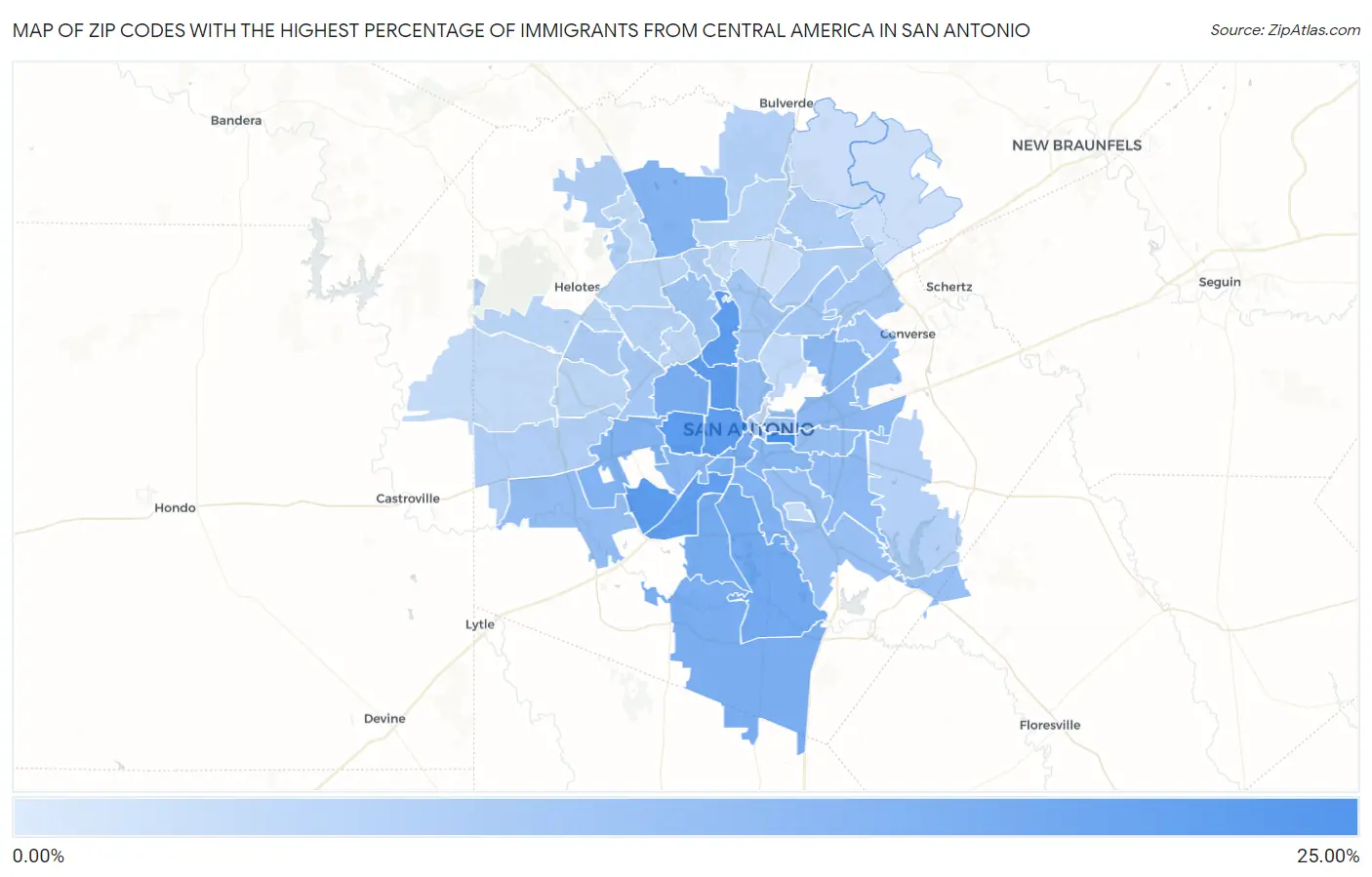 Zip Codes with the Highest Percentage of Immigrants from Central America in San Antonio Map