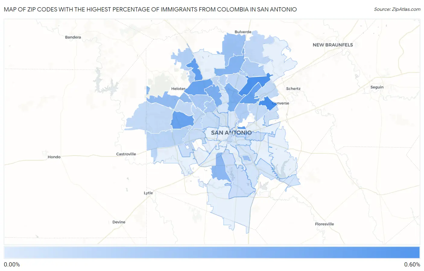 Zip Codes with the Highest Percentage of Immigrants from Colombia in San Antonio Map