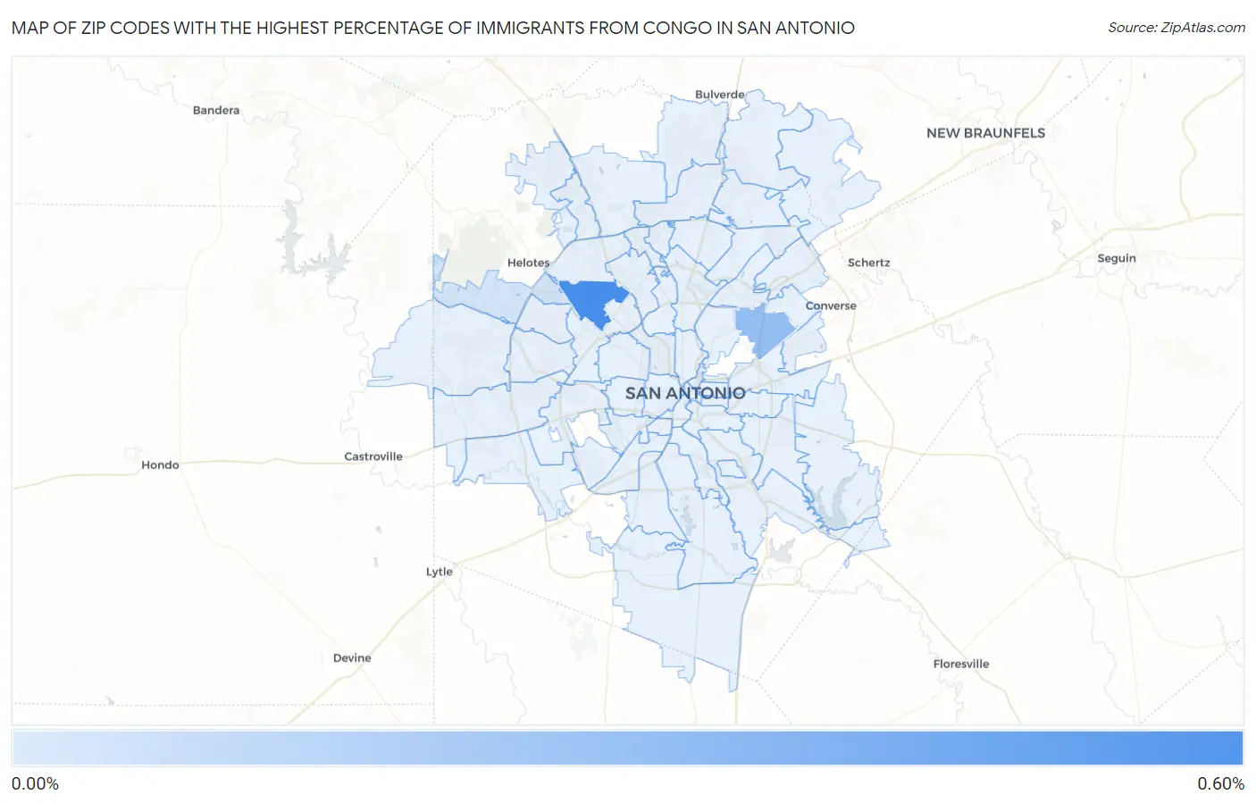 Zip Codes with the Highest Percentage of Immigrants from Congo in San Antonio Map