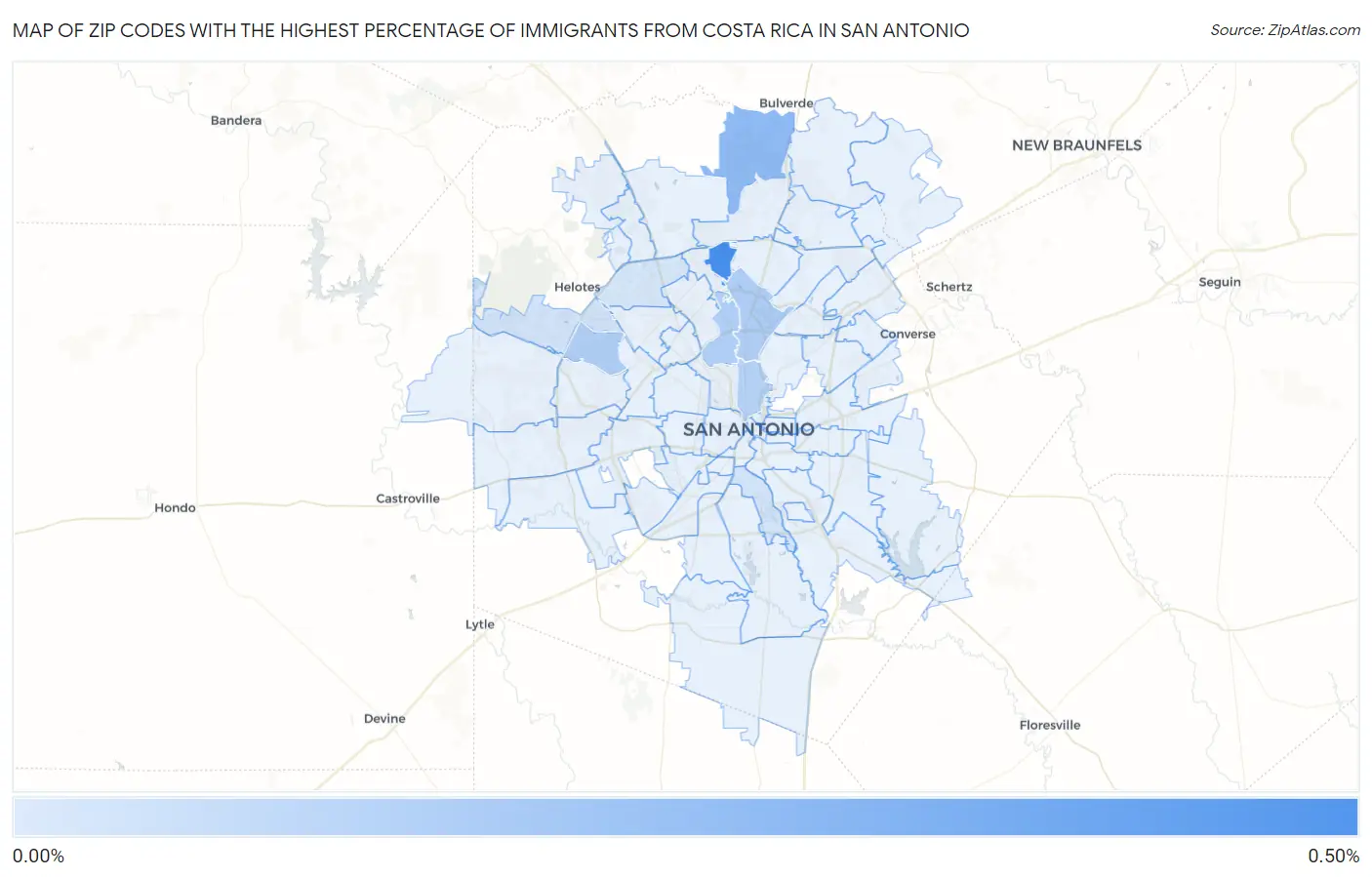 Zip Codes with the Highest Percentage of Immigrants from Costa Rica in San Antonio Map