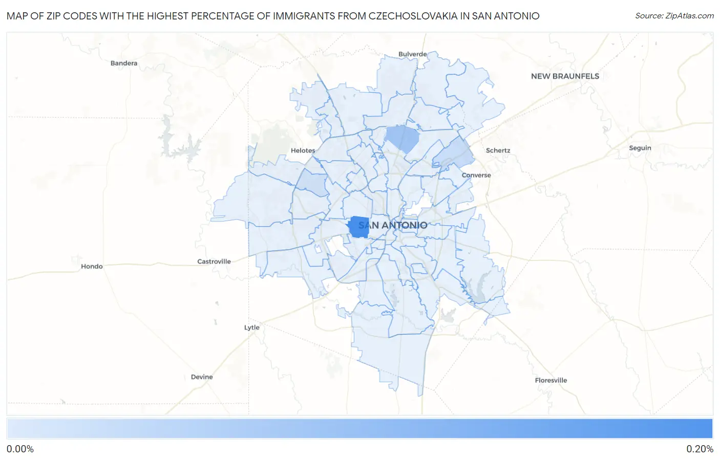 Zip Codes with the Highest Percentage of Immigrants from Czechoslovakia in San Antonio Map