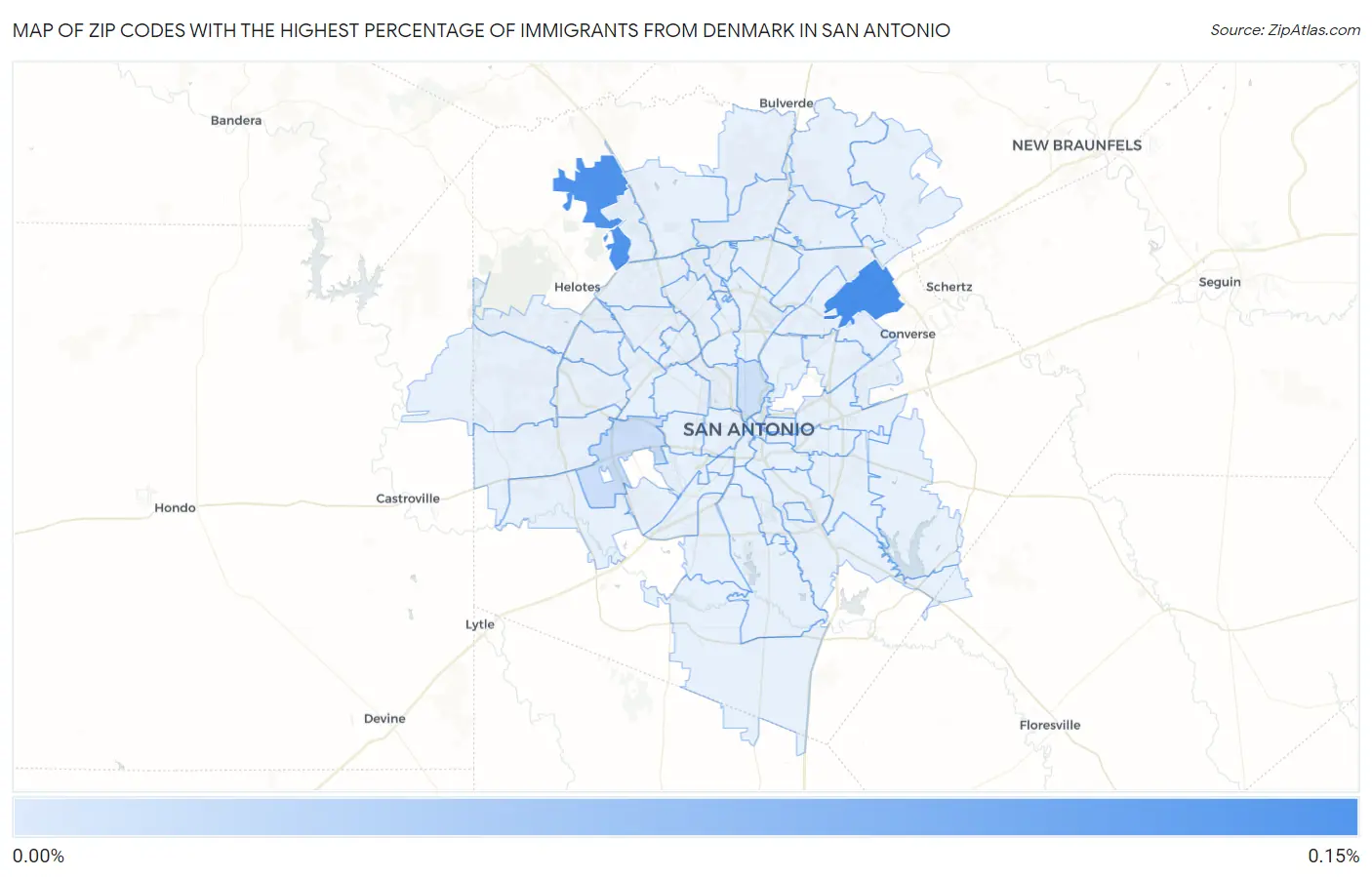 Zip Codes with the Highest Percentage of Immigrants from Denmark in San Antonio Map