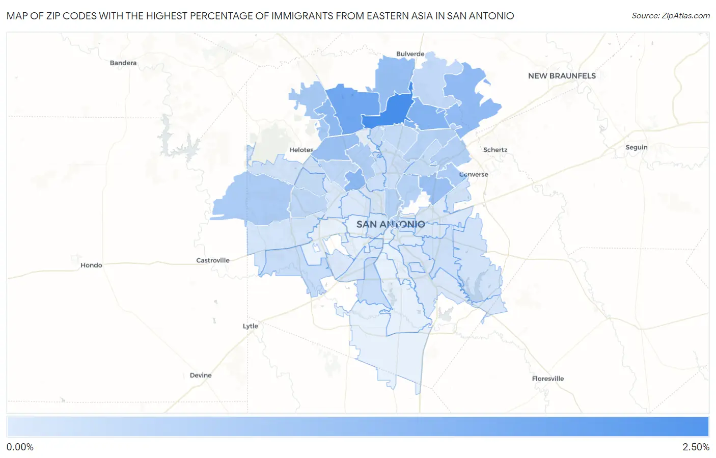 Zip Codes with the Highest Percentage of Immigrants from Eastern Asia in San Antonio Map