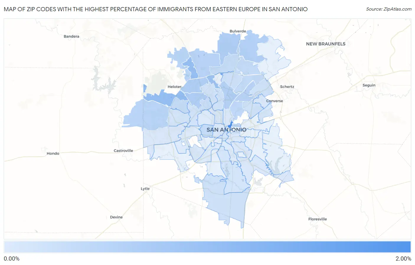 Zip Codes with the Highest Percentage of Immigrants from Eastern Europe in San Antonio Map