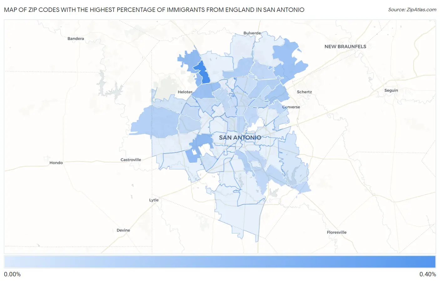 Zip Codes with the Highest Percentage of Immigrants from England in San Antonio Map