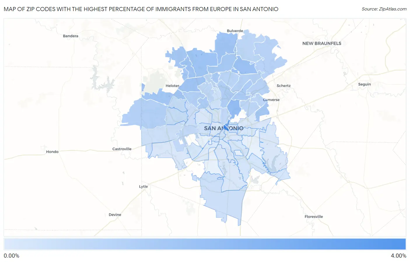Zip Codes with the Highest Percentage of Immigrants from Europe in San Antonio Map