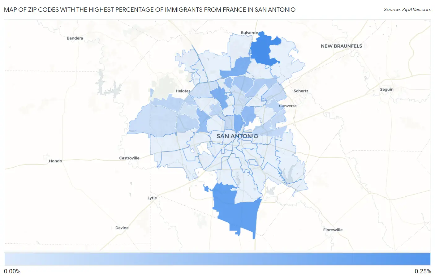 Zip Codes with the Highest Percentage of Immigrants from France in San Antonio Map