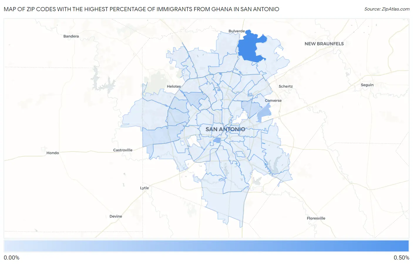 Zip Codes with the Highest Percentage of Immigrants from Ghana in San Antonio Map