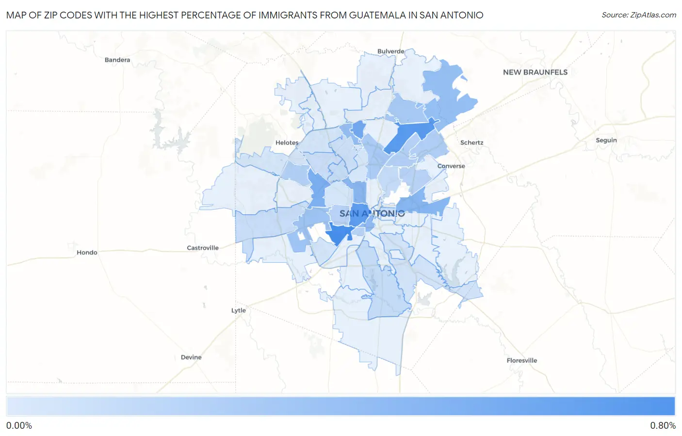 Zip Codes with the Highest Percentage of Immigrants from Guatemala in San Antonio Map