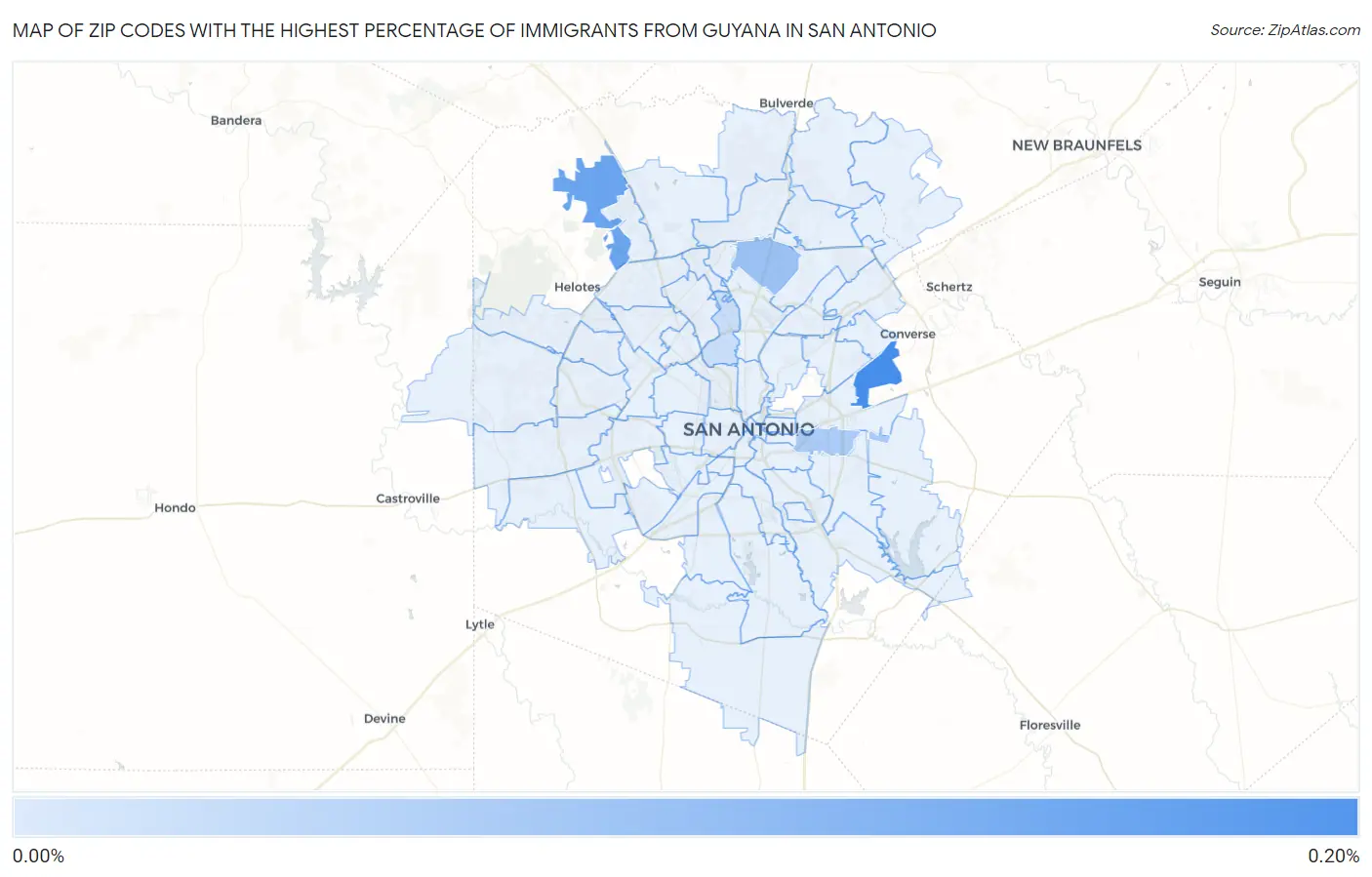 Zip Codes with the Highest Percentage of Immigrants from Guyana in San Antonio Map