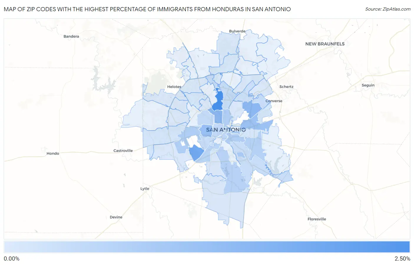 Zip Codes with the Highest Percentage of Immigrants from Honduras in San Antonio Map