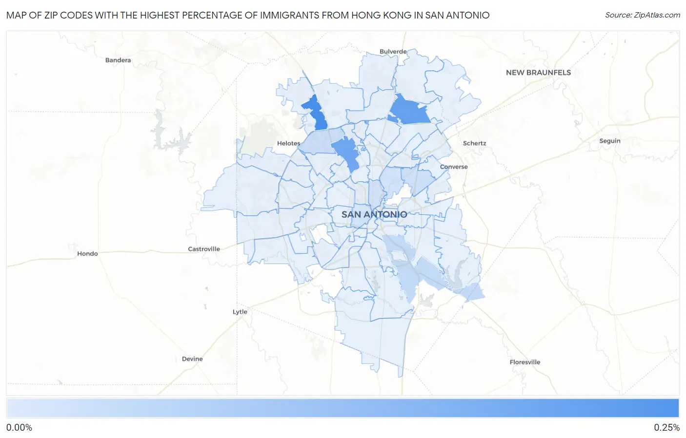 Zip Codes with the Highest Percentage of Immigrants from Hong Kong in San Antonio Map