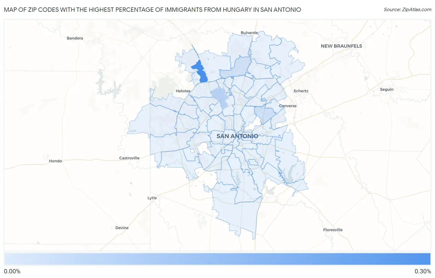 Zip Codes with the Highest Percentage of Immigrants from Hungary in San Antonio Map