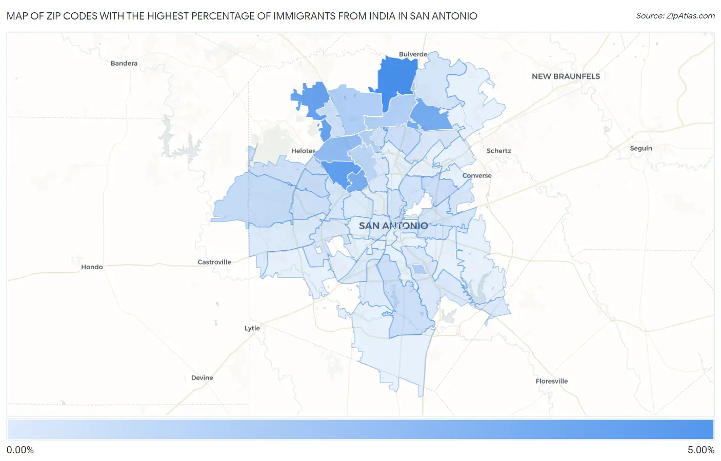 Zip Codes with the Highest Percentage of Immigrants from India in San Antonio Map