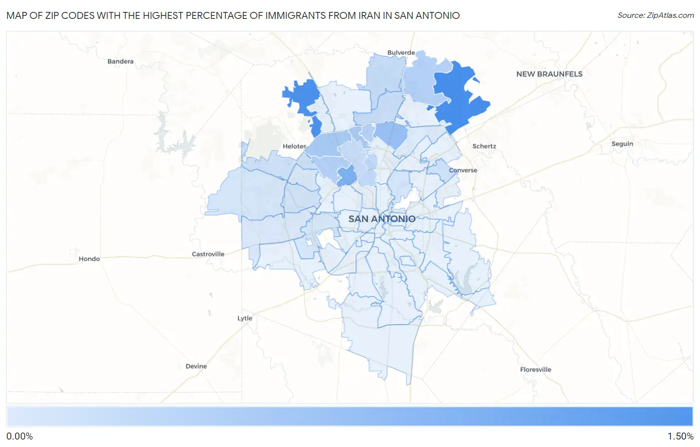 Zip Codes with the Highest Percentage of Immigrants from Iran in San Antonio Map