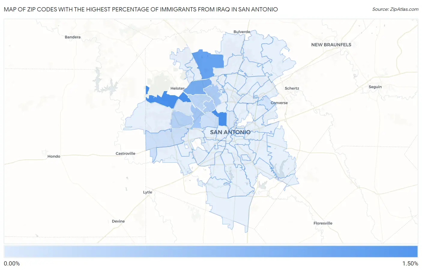 Zip Codes with the Highest Percentage of Immigrants from Iraq in San Antonio Map