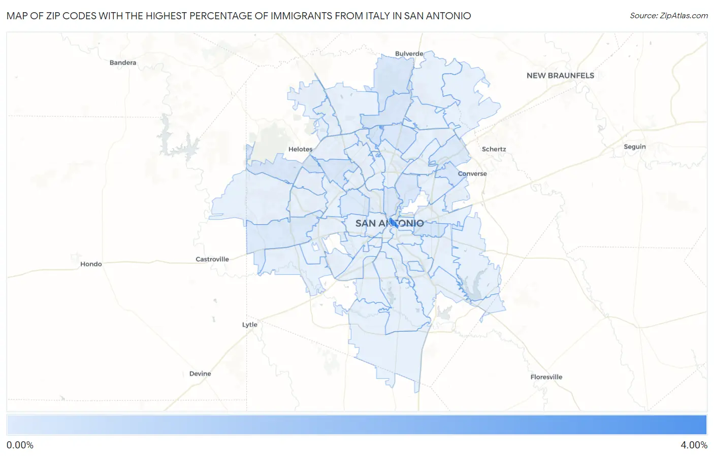 Zip Codes with the Highest Percentage of Immigrants from Italy in San Antonio Map