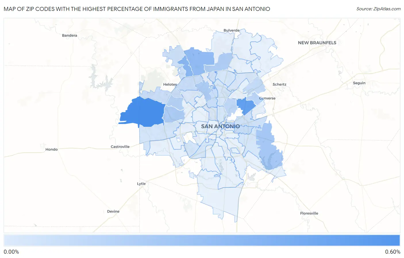 Zip Codes with the Highest Percentage of Immigrants from Japan in San Antonio Map