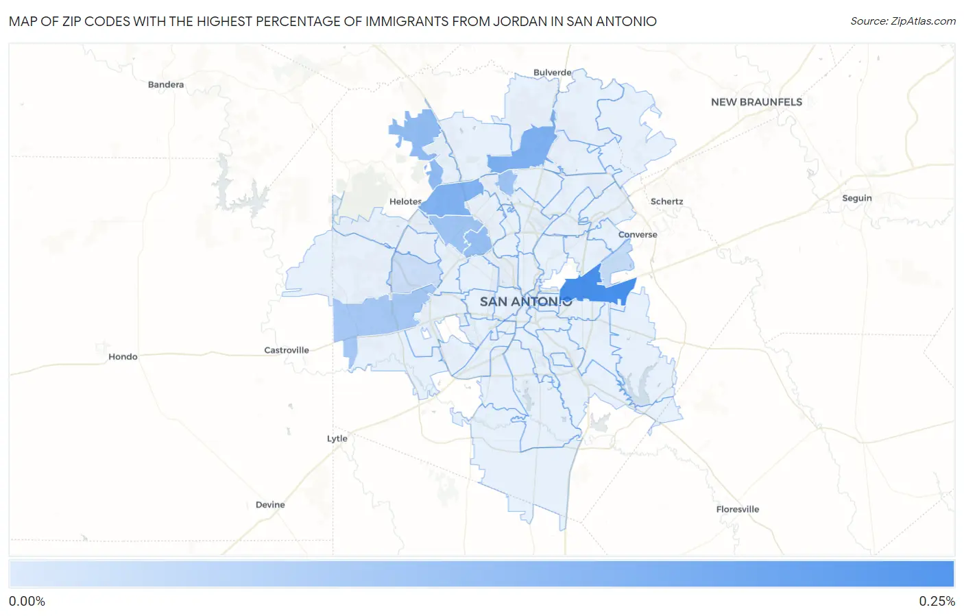 Zip Codes with the Highest Percentage of Immigrants from Jordan in San Antonio Map