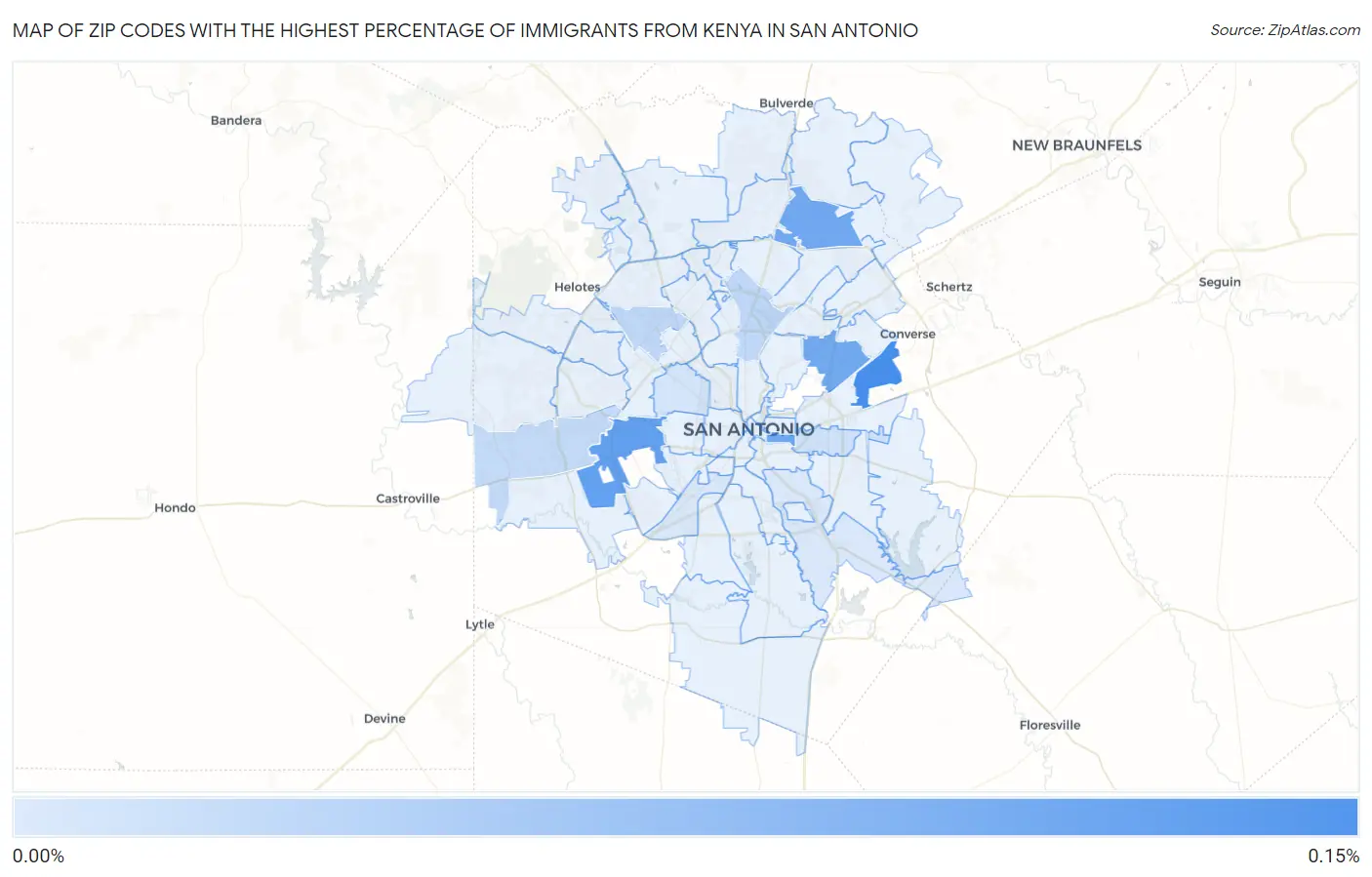 Zip Codes with the Highest Percentage of Immigrants from Kenya in San Antonio Map