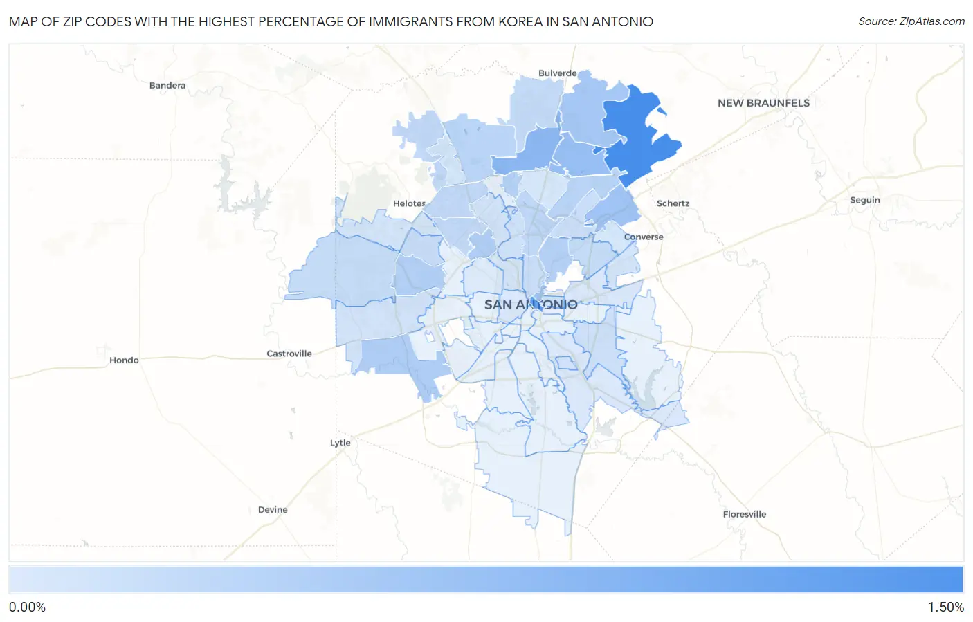 Zip Codes with the Highest Percentage of Immigrants from Korea in San Antonio Map