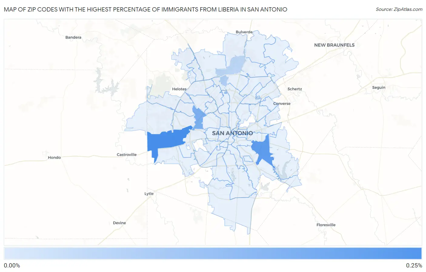 Zip Codes with the Highest Percentage of Immigrants from Liberia in San Antonio Map