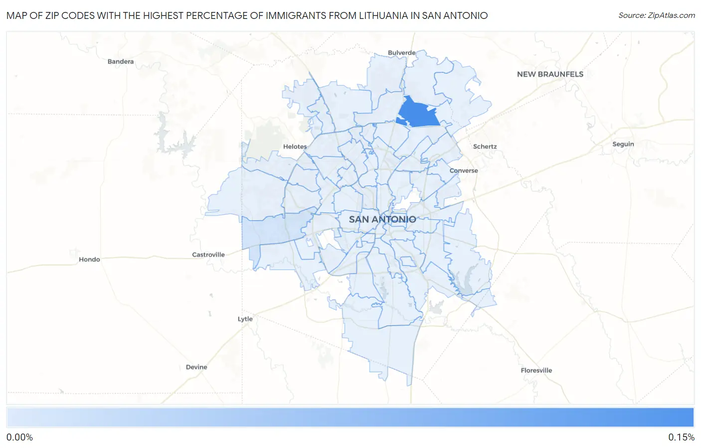 Zip Codes with the Highest Percentage of Immigrants from Lithuania in San Antonio Map