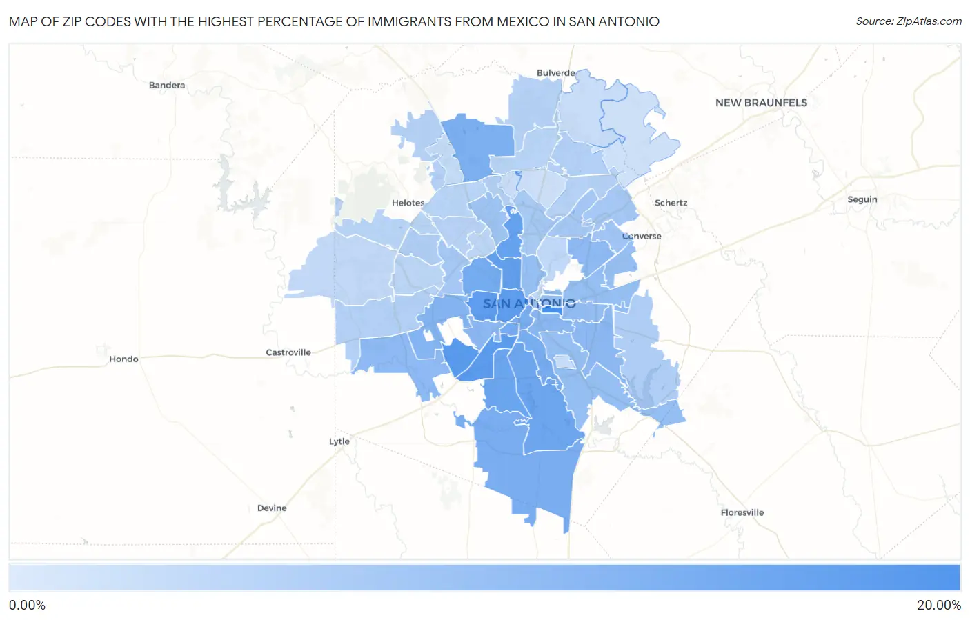 Zip Codes with the Highest Percentage of Immigrants from Mexico in San Antonio Map