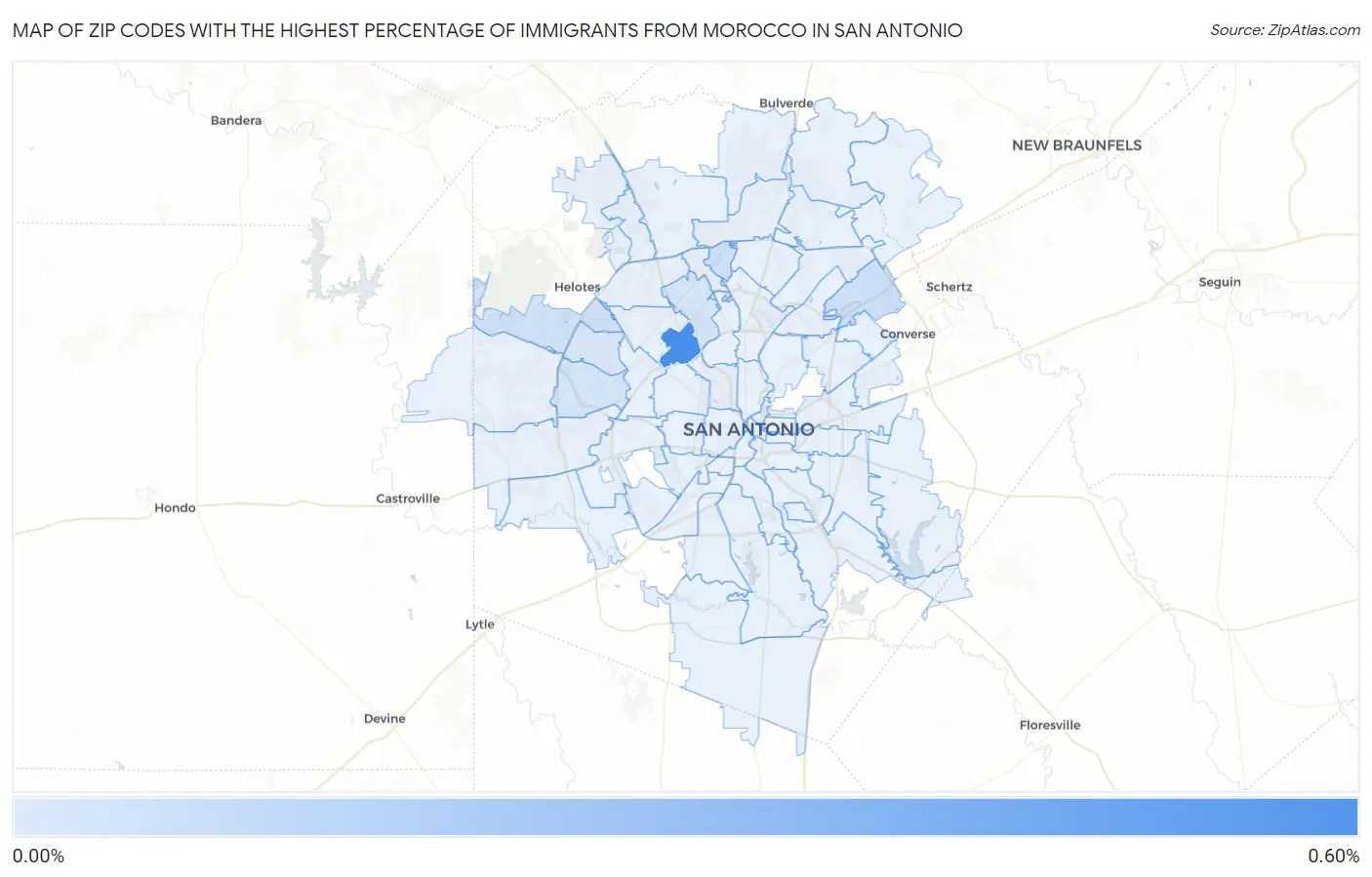 Zip Codes with the Highest Percentage of Immigrants from Morocco in San Antonio Map