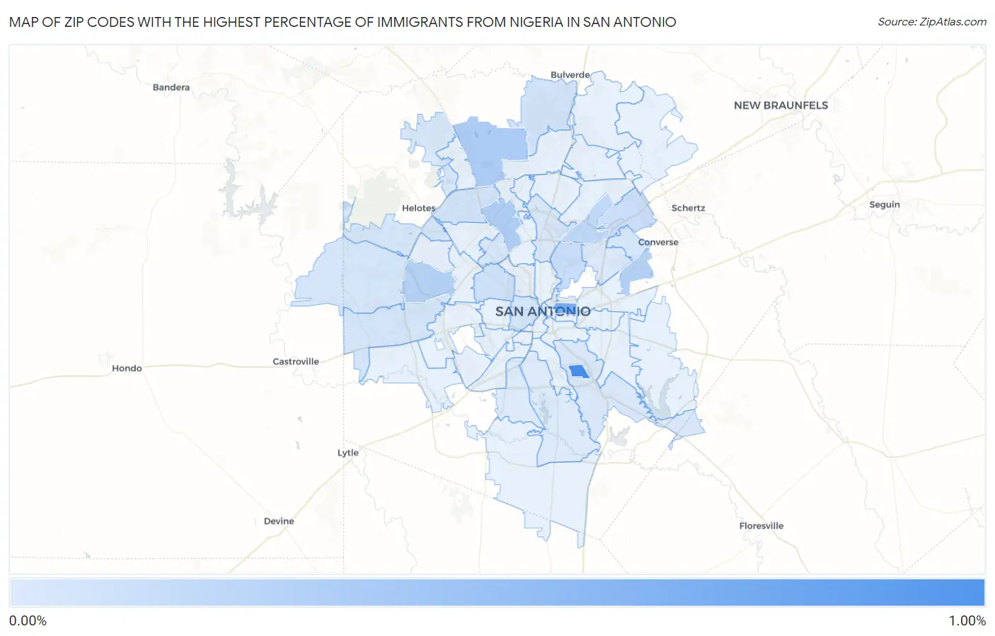 Zip Codes with the Highest Percentage of Immigrants from Nigeria in San Antonio Map
